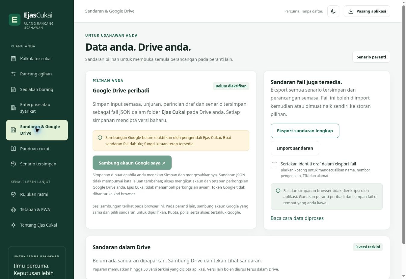 Screenshot sebenar ruang sandaran dan status konfigurasi Google Drive